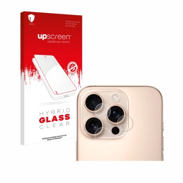 Parte frontal de un envase de producto con el logotipo de la marca upscreen. Al lado se muestra el dispositivo Apple iPhone 16