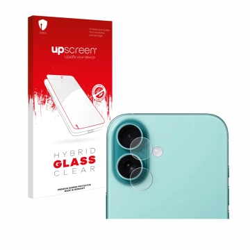 Parte frontal de un envase de producto con el logotipo de la marca upscreen. Al lado se muestra el dispositivo Apple iPhone 16