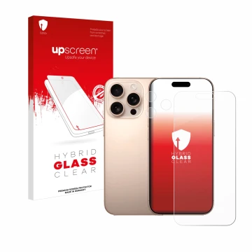 Parte frontal de un envase de producto con el logotipo de la marca upscreen. Al lado se muestra el dispositivo Apple iPhone 16