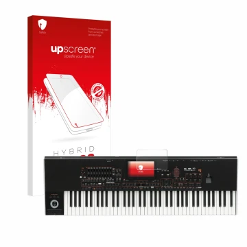 Parte frontal de un envase de producto con el logotipo de la marca upscreen. Al lado se muestra el dispositivo KORG Pa4x con s
