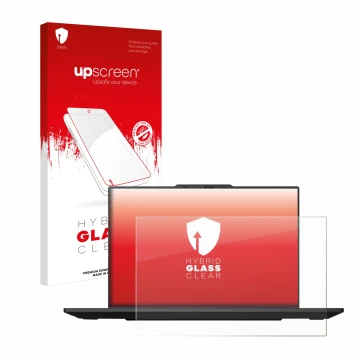 Parte frontal de un envase de producto con el logotipo de la marca upscreen. Al lado se muestra el dispositivo Lenovo ThinkPad