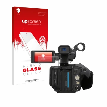 Parte frontal de un envase de producto con el logotipo de la marca upscreen. Al lado se muestra el dispositivo Sony PXW-Z200 c