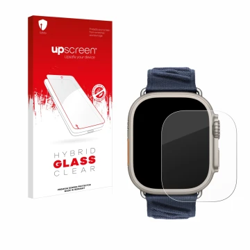 Parte frontal de un envase de producto con el logotipo de la marca upscreen. Al lado se muestra el dispositivo Apple Watch Her