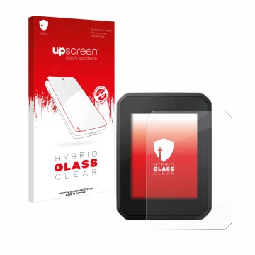 Parte frontal de un envase de producto con el logotipo de la marca upscreen. Al lado se muestra el dispositivo FIT Display Com