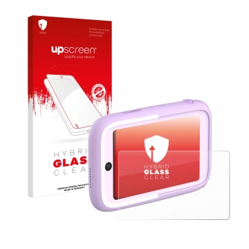 Parte frontal de un envase de producto con el logotipo de la marca upscreen. Al lado se muestra el dispositivo Myfirst Camera 