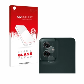 Parte frontal de un envase de producto con el logotipo de la marca upscreen. Al lado se muestra el dispositivo Motorola Moto G