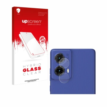 Parte frontal de un envase de producto con el logotipo de la marca upscreen. Al lado se muestra el dispositivo Motorola Moto G
