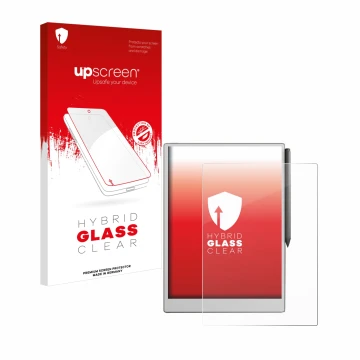 Parte frontal de un envase de producto con el logotipo de la marca upscreen. Al lado se muestra el dispositivo reMarkable Pape