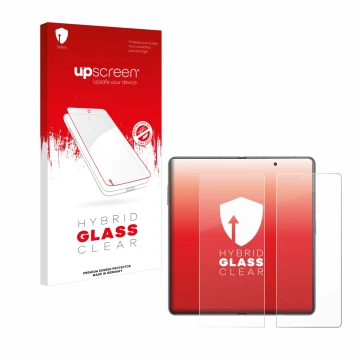 Parte frontal de un envase de producto con el logotipo de la marca upscreen. Al lado se muestra el dispositivo Honor Magic V3 