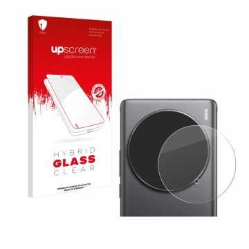 Parte frontal de un envase de producto con el logotipo de la marca upscreen. Al lado se muestra el dispositivo Vivo X100 Ultra