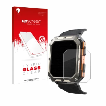 Parte frontal de un envase de producto con el logotipo de la marca upscreen. Al lado se muestra el dispositivo Findtime Smartw