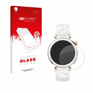 Parte frontal de un envase de producto con el logotipo de la marca upscreen. Al lado se muestra el dispositivo Huawei Watch GT