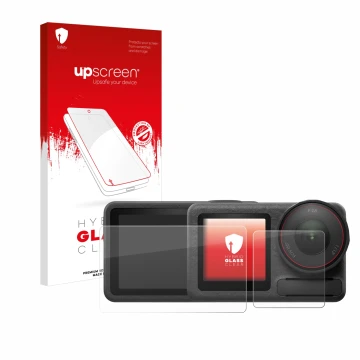 Parte frontal de un envase de producto con el logotipo de la marca upscreen. Al lado se muestra el dispositivo DJI Osmo Action