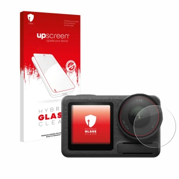 Parte frontal de un envase de producto con el logotipo de la marca upscreen. Al lado se muestra el dispositivo DJI Osmo Action