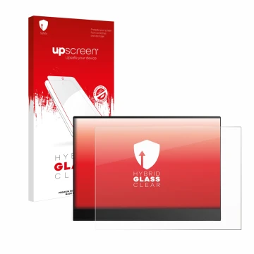 Parte frontal de un envase de producto con el logotipo de la marca upscreen. Al lado se muestra el dispositivo Lenovo ThinkVis