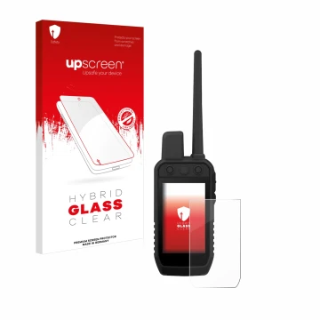 Parte frontal de un envase de producto con el logotipo de la marca upscreen. Al lado se muestra el dispositivo Garmin Alpha 30