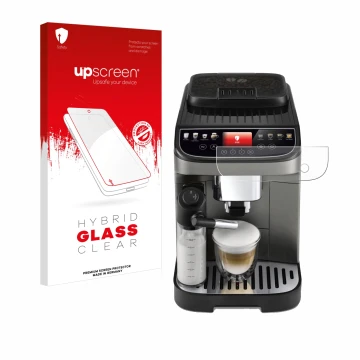 Parte frontal de un envase de producto con el logotipo de la marca upscreen. Al lado se muestra el dispositivo DeLonghi Magnif