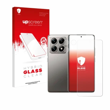 Parte frontal de un envase de producto con el logotipo de la marca upscreen. Al lado se muestra el dispositivo Xiaomi 14T (Fro