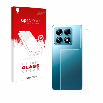 Parte frontal de un envase de producto con el logotipo de la marca upscreen. Al lado se muestra el dispositivo Xiaomi 14T (Tra