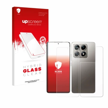 Parte frontal de un envase de producto con el logotipo de la marca upscreen. Al lado se muestra el dispositivo Xiaomi 14T (Fro