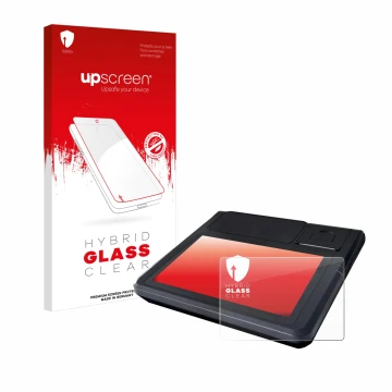 Parte frontal de un envase de producto con el logotipo de la marca upscreen. Al lado se muestra el dispositivo Techfive ECR 10