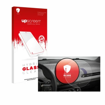 Parte frontal de un envase de producto con el logotipo de la marca upscreen. Al lado se muestra el dispositivo Mini Cooper Ele