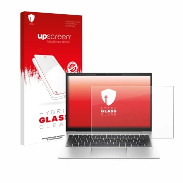 Parte frontal de un envase de producto con el logotipo de la marca upscreen. Al lado se muestra el dispositivo HP EliteBook 83