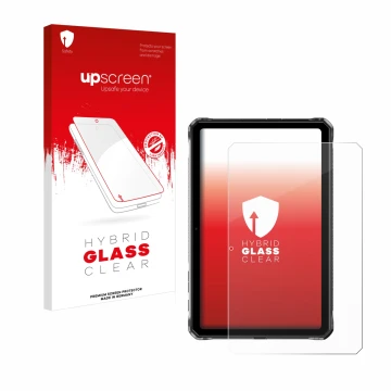 Parte frontal de un envase de producto con el logotipo de la marca upscreen. Al lado se muestra el dispositivo Doogee R10 con 