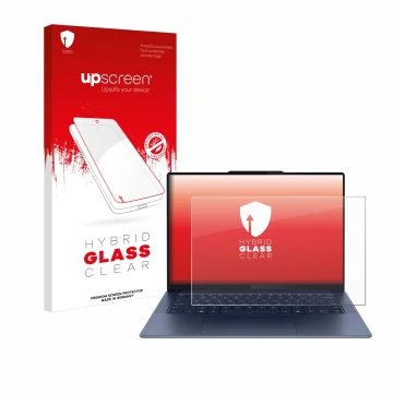 Parte frontal de un envase de producto con el logotipo de la marca upscreen. Al lado se muestra el dispositivo Lenovo Yoga Sli