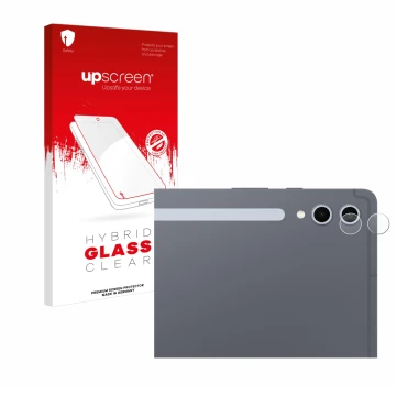 Parte frontal de un envase de producto con el logotipo de la marca upscreen. Al lado se muestra el dispositivo Samsung Galaxy 