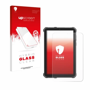 Parte frontal de un envase de producto con el logotipo de la marca upscreen. Al lado se muestra el dispositivo Oukitel RT3 Pro