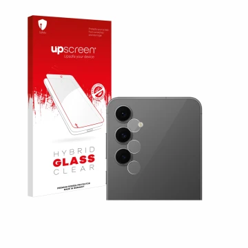 Parte frontal de un envase de producto con el logotipo de la marca upscreen. Al lado se muestra el dispositivo Samsung Galaxy 