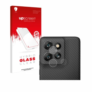Parte frontal de un envase de producto con el logotipo de la marca upscreen. Al lado se muestra el dispositivo Motorola ThinkP