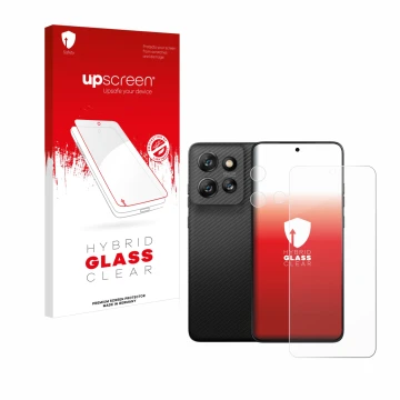 Parte frontal de un envase de producto con el logotipo de la marca upscreen. Al lado se muestra el dispositivo Motorola ThinkP