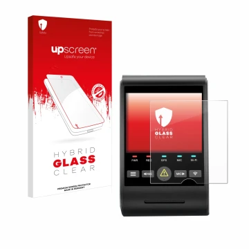 Parte frontal de un envase de producto con el logotipo de la marca upscreen. Al lado se muestra el dispositivo VIOFO A229 PRO 