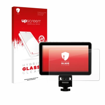 Parte frontal de un envase de producto con el logotipo de la marca upscreen. Al lado se muestra el dispositivo Rollei Viltrox 