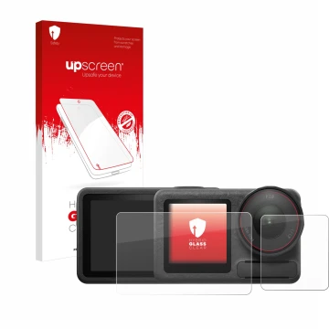 Parte frontal de un envase de producto con el logotipo de la marca upscreen. Al lado se muestra el dispositivo DJI Osmo Action