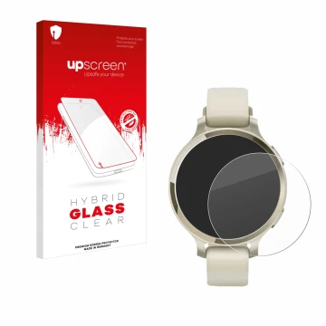 Parte frontal de un envase de producto con el logotipo de la marca upscreen. Al lado se muestra el dispositivo Garmin Lily 2 A