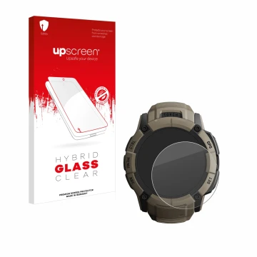 Parte frontal de un envase de producto con el logotipo de la marca upscreen. Al lado se muestra el dispositivo Garmin Instinct