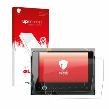 Parte frontal de un envase de producto con el logotipo de la marca upscreen. Al lado se muestra el dispositivo Xzent F-285 con