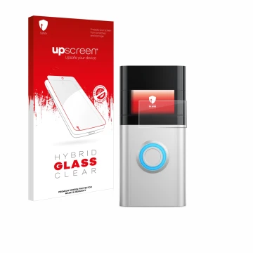 Parte frontal de un envase de producto con el logotipo de la marca upscreen. Al lado se muestra el dispositivo Ring Video Door