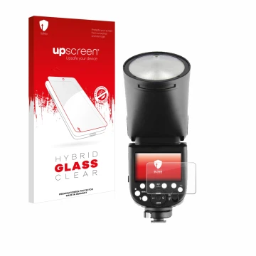 Parte frontal de un envase de producto con el logotipo de la marca upscreen. Al lado se muestra el dispositivo Godox TT685 II 