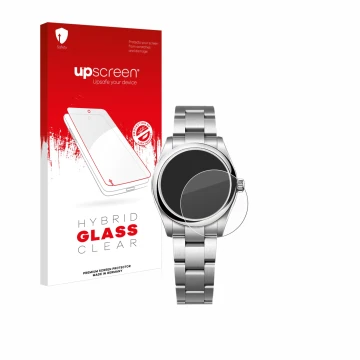 Parte frontal de un envase de producto con el logotipo de la marca upscreen. Al lado se muestra el dispositivo Rolex Oyster Pe