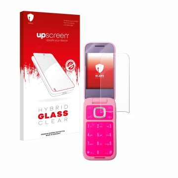 Parte frontal de un envase de producto con el logotipo de la marca upscreen. Al lado se muestra el dispositivo HMD Barbie Phon