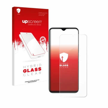 Parte frontal de un envase de producto con el logotipo de la marca upscreen. Al lado se muestra el dispositivo Doogee N50 Pro 