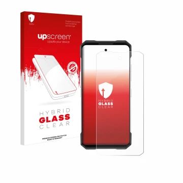 Parte frontal de un envase de producto con el logotipo de la marca upscreen. Al lado se muestra el dispositivo Doogee S200 con