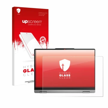 Parte frontal de un envase de producto con el logotipo de la marca upscreen. Al lado se muestra el dispositivo Lenovo IdeaPad 