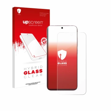 Parte frontal de un envase de producto con el logotipo de la marca upscreen. Al lado se muestra el dispositivo Vivo X200 Pro m