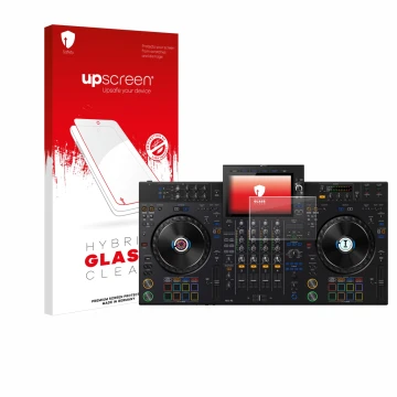 Parte frontal de un envase de producto con el logotipo de la marca upscreen. Al lado se muestra el dispositivo AlphaTheta XDJ-