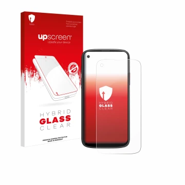 Parte frontal de un envase de producto con el logotipo de la marca upscreen. Al lado se muestra el dispositivo Unihertz Jelly 